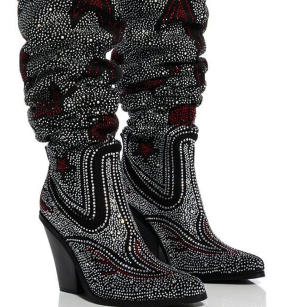 Azalea Wang Thigh High Rhinestone Embellished Cowboy Boots